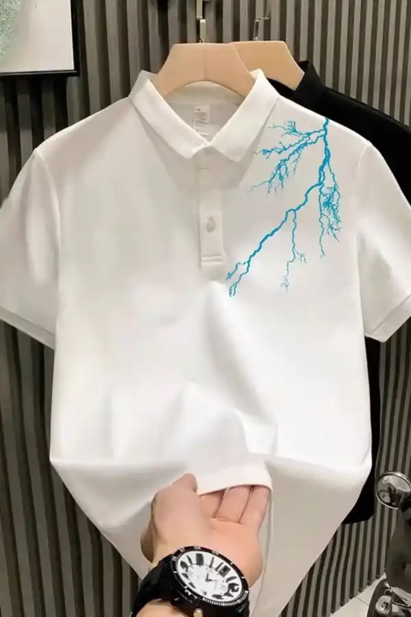 ERKEK Polo Yaka Tişört Düğmeli Pike Yıldırım Baskılı T-Shirt - Beyaz
