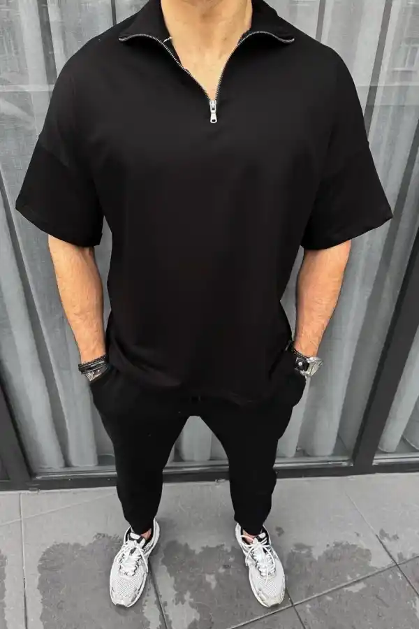 Erkek Yarım Fermuarlı Kısa kol T-Shirt - Siyah
