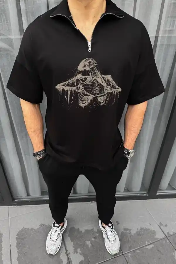 Erkek Yarım Fermuarlı Baskılı Oversize T-Shirt - Siyah