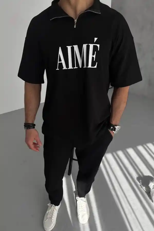 ERKEK Tişört Yakalı Yarım Fermuarlı  Kısa Kol Baskılı T-Shirt - Siyah