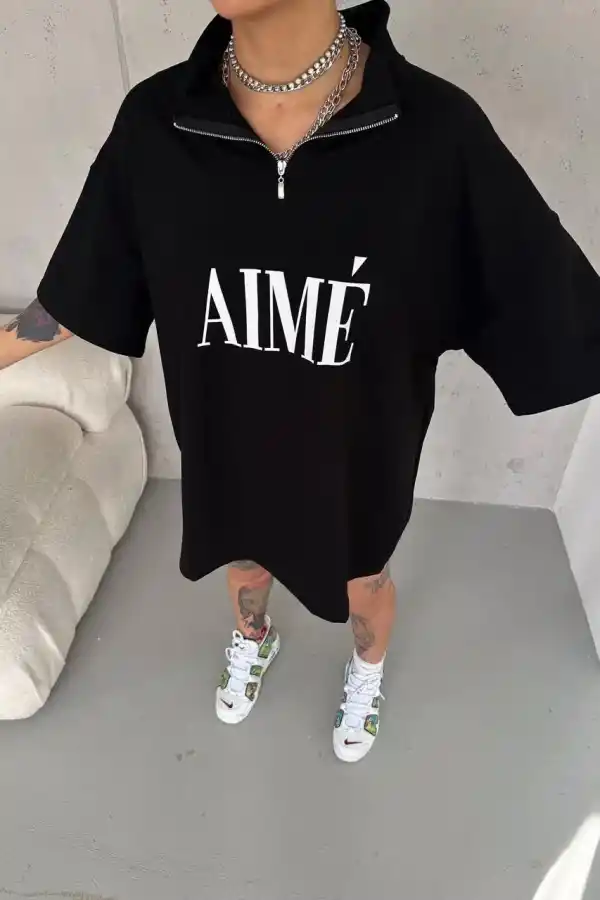 Kadın Yarım Fermuarlı Tişört Baskılı T-Shirt - Siyah