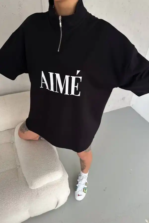 Kadın Yarım Fermuarlı Tişört Baskılı T-Shirt - Siyah