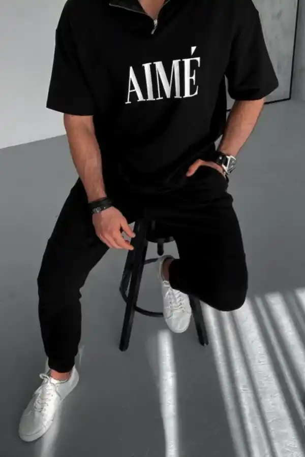 ERKEK Tişört Yakalı Yarım Fermuarlı  Kısa Kol Baskılı T-Shirt - Siyah