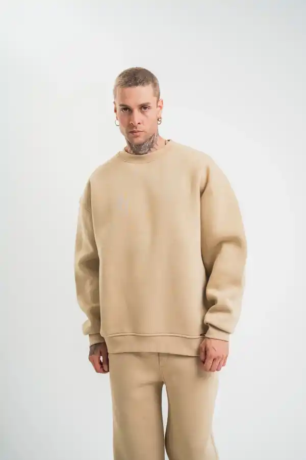 Erkek Uzun Kol Bisiklet Yaka 3 iplik Pamuklu Kışlık SweatShirt  - Bej