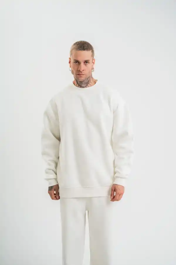 Erkek Uzun Kol Bisiklet Yaka 3 iplik Pamuklu Kışlık SweatShirt  - Beyaz