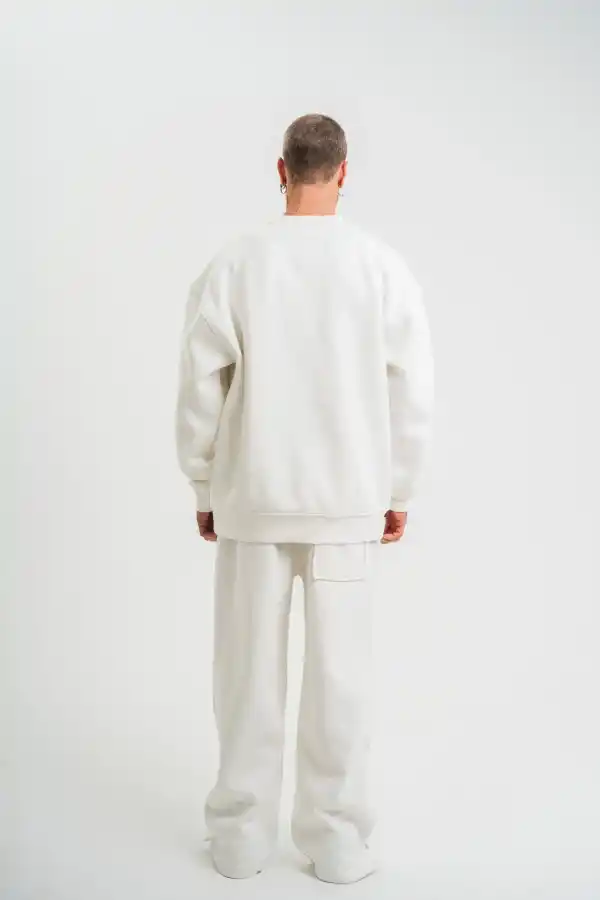 Erkek Uzun Kol Bisiklet Yaka 3 iplik Pamuklu Kışlık SweatShirt  - Beyaz