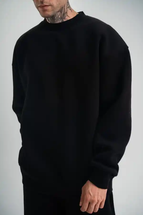 Erkek Uzun Kol Bisiklet Yaka 3 iplik Pamuklu Kışlık SweatShirt - Siyah