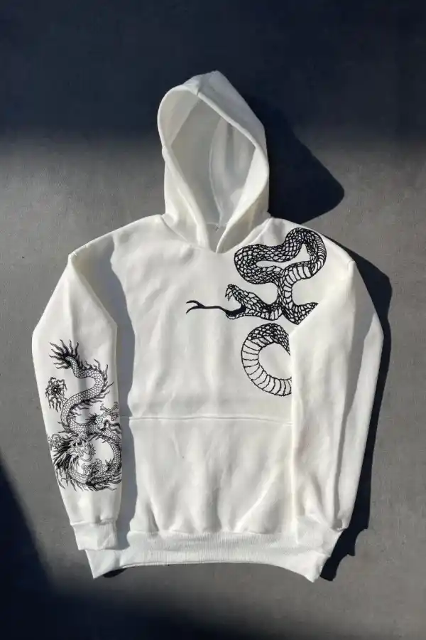 Erkek 3 İplik Pamuklu Kapüşonlu Baskılı Cepli Oversize Sweatshirt Hoodie - Beyaz