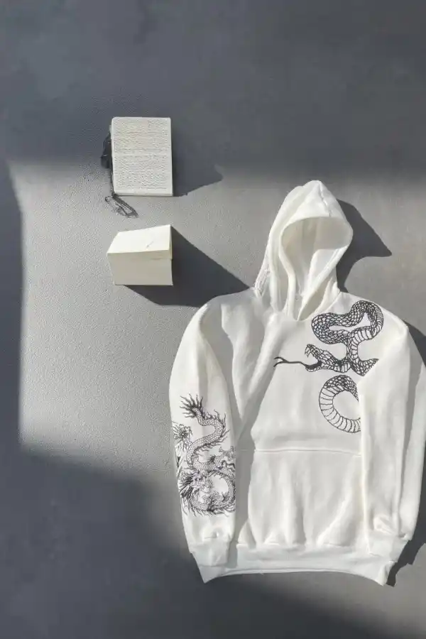 Kadın Oversize Kapüşonlu Kanguru Cepli Baskılı 3 İplik Pamuklu Sweatshirt Hoodie -   Beyaz