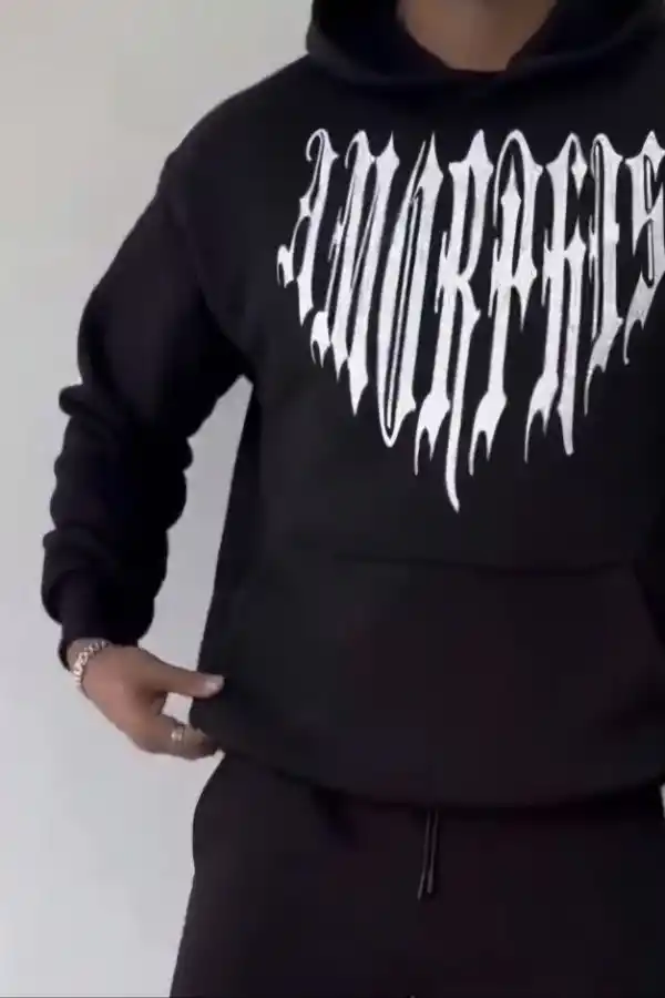 Erkek Kapüşonlu Kanguru Cepli Sweatshirt 3 İplik Pamuklu Baskılı Hoodie -  Siyah