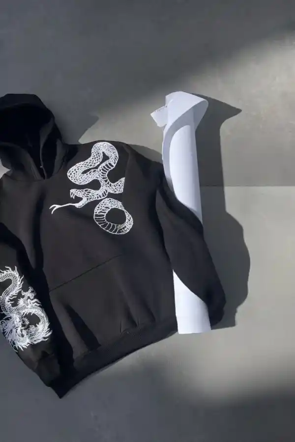 Erkek 3 İplik Pamuklu Kapüşonlu Baskılı Cepli Oversize Sweatshirt Hoodie - Siyah