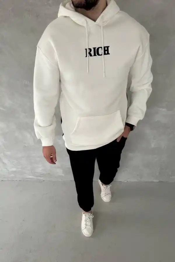 Erkek Kapüşonlu Kanguru Cepli Sweatshirt 3 İplik Pamuklu Baskılı Hoodie -  Beyaz