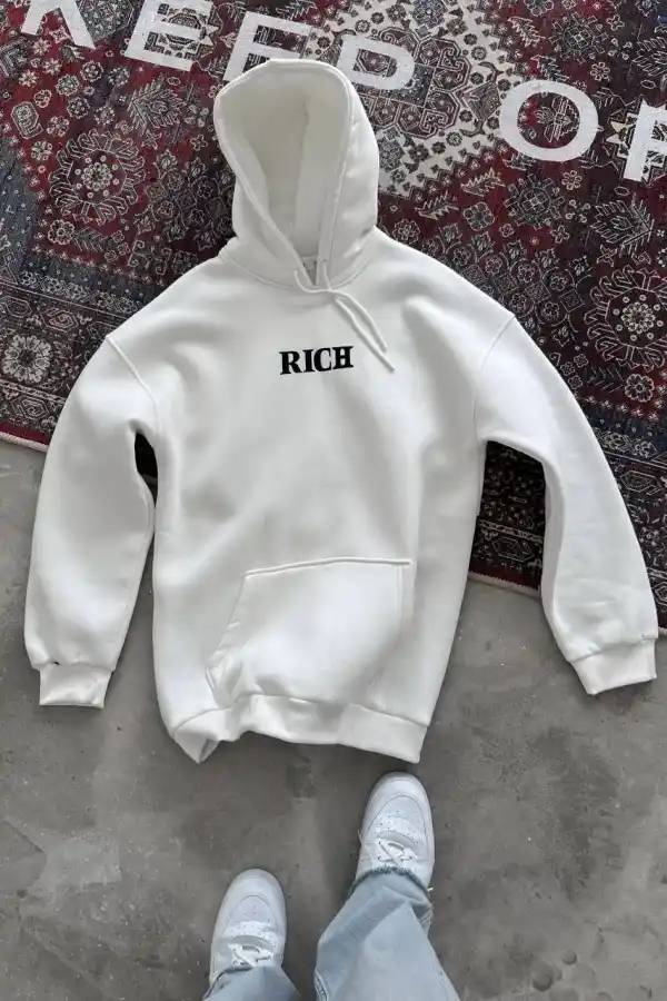 Kadın Kapüşonlu Kanguru Cepli Sweatshirt 3 İplik Pamuklu Baskılı Hoodie - Beyaz