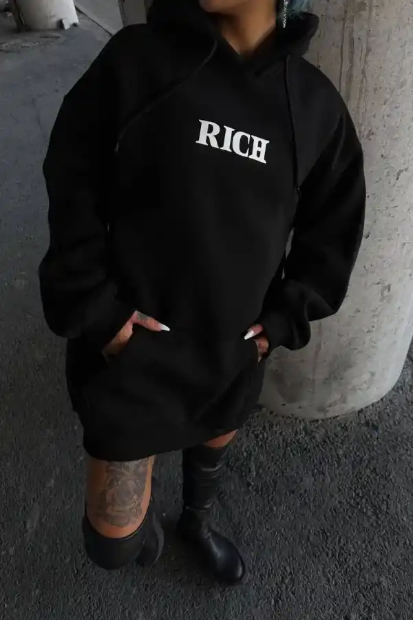 Kadın Kapüşonlu Kanguru Cepli Sweatshirt 3 İplik Pamuklu Baskılı Hoodie - Siyah
