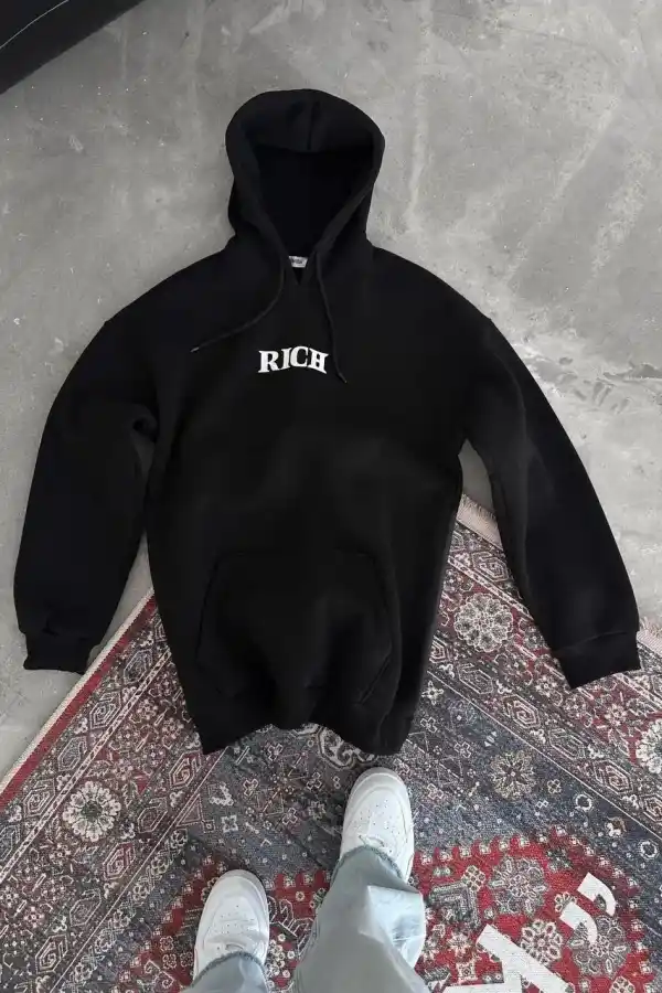 Erkek Kapüşonlu Kanguru Cepli Sweatshirt 3 İplik Pamuklu Baskılı Hoodie -  Siyah