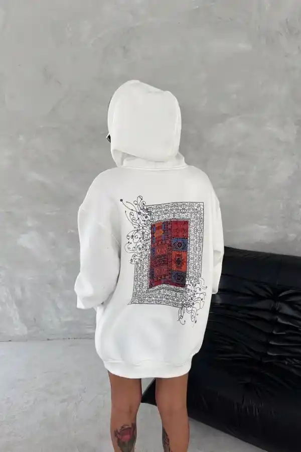 Kadın Kapüşonlu Kanguru Cepli Sweatshirt 3 İplik Pamuklu Baskılı Hoodie - Beyaz