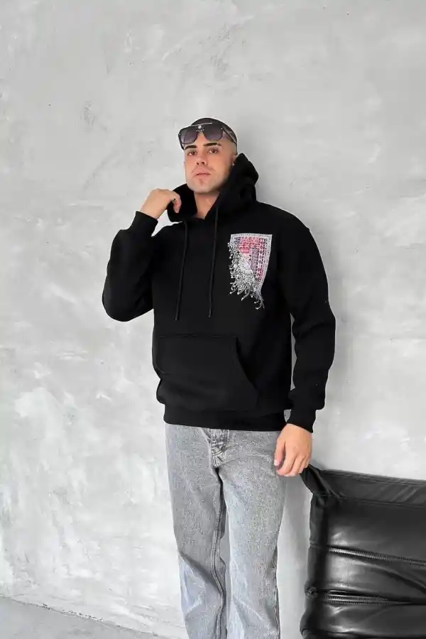 Erkek Kapüşonlu Kanguru Cepli Sweatshirt 3 İplik Pamuklu Baskılı Hoodie - Siyah
