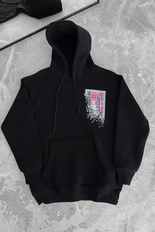 Kadın Kapüşonlu Kanguru Cepli Sweatshirt 3 İplik Pamuklu Baskılı Hoodie - Siyah