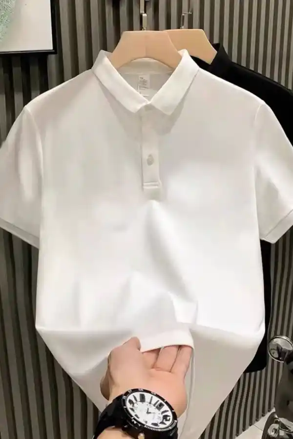 Erkek Polo Yaka Tişört Düğmeli Pike Düz T-Shirt - Beyaz