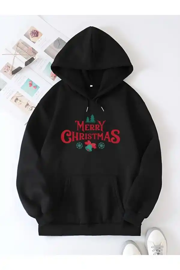 Yılbaşı Merry Christmas Baskılı Oversize Kapüşonlu Sweatshirt Hoodie - Siyah