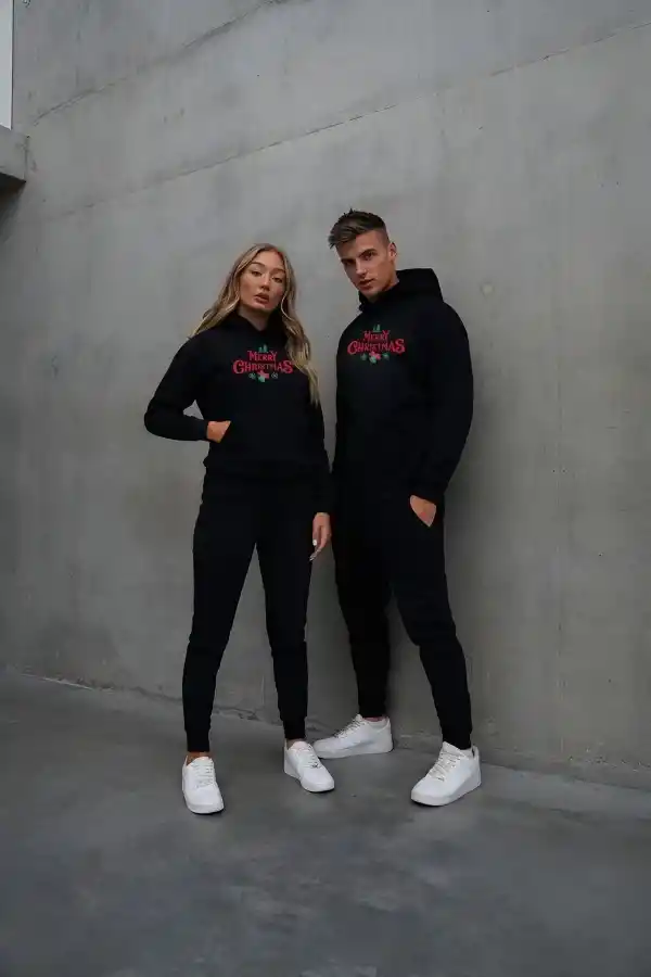 Yılbaşı Merry Christmas Baskılı Oversize Kapüşonlu Sweatshirt Hoodie - Siyah