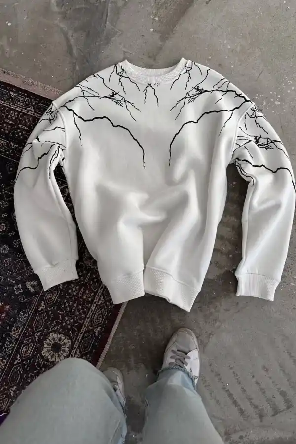 Kadın 3 iplik pamuklu Yıldırım Baskılı Bisiklet Yaka SweatShirt - Beyaz