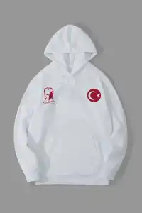 Erkek 10 Kasıma Özel 3 İplik Kapüşonlu Baskılı SweatShirt Hoodie - Beyaz