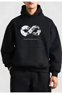 Erkek 10 Kasıma Özel 3 İplik Kapüşonlu Baskılı SweatShirt Hoodie - Siyah