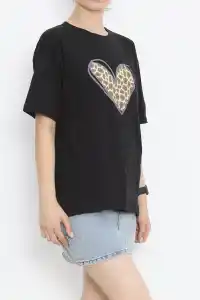 14 Şubat Sevgililer Günü Leopar Kalp Baskılı Oversize Bisiklet Yaka T-shirt - Siyah
