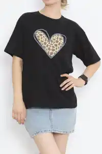 14 Şubat Sevgililer Günü Leopar Kalp Baskılı Oversize Bisiklet Yaka T-shirt - Siyah