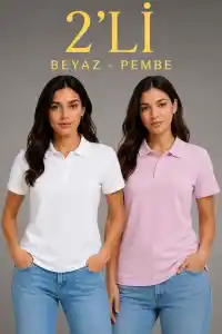 2li Kadın Polo Yaka Pike Kumaş Düğmeli Basic Tişört Günlük Rahat Kesim - Beyaz, Pembe