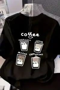 Kadın Kısa Kol Yazlık Tişört Bisiklet Yaka Baskılı Oversize T-Shirt - Siyah