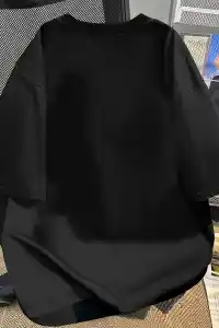 Kadın Kısa Kol Yazlık Tişört Bisiklet Yaka Baskılı Oversize T-Shirt - Siyah