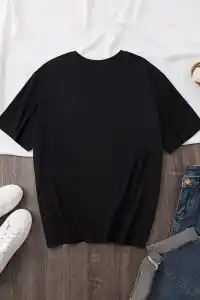Kadın Kısa Kol Yazlık Tişört Bisiklet Yaka Baskılı Oversize T-Shirt - Siyah