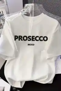 Kadın Kısa Kol Yazlık Tişört Bisiklet Yaka Baskılı Oversize T-Shirt - Beyaz