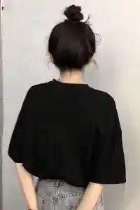 Kadın Kısa Kol Yazlık Tişört Bisiklet Yaka Baskılı Oversize T-Shirt - Siyah