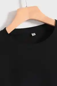 Kadın Baskılı Tişört Kısa Kol Bisiklet Yaka T-shirt - Siyah