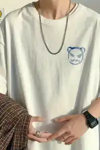 Erkek Tişört Bisiklet Yaka Kore sevimli ayı baskı Kısa Kol T-Shirt  - Beyaz