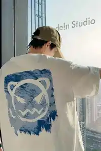 Erkek Tişört Bisiklet Yaka Kore sevimli ayı baskı Kısa Kol T-Shirt  - Beyaz