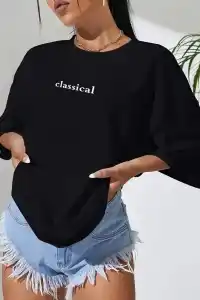 Kadın T-shirt Penye Compack Classical Baskılı Kısa kol Tişört - Siyah