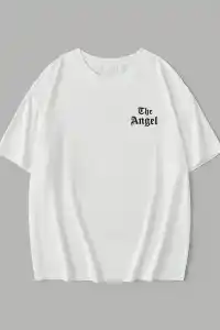 Kadın Kısa Kol Tişört Bisiklet Yaka Angel Melek Kanadı Baskılı T-Shirt - Beyaz