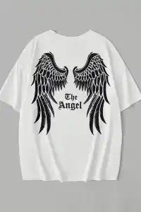 Kadın Kısa Kol Tişört Bisiklet Yaka Angel Melek Kanadı Baskılı T-Shirt - Beyaz
