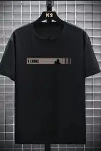 Erkek Tişört FUTRE Baskılı Kısa Kol Bisiklet Yaka T-shirt - Siyah