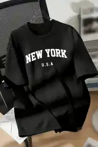 kadın New York Baskılı Tişört Kısa Kol Bisiklet Yaka T-shirt - Siyah