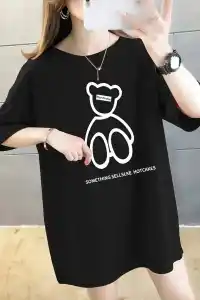 Kadın Tişört Penye Compack Baskılı Oversize Bisiklet Yaka T-shirt - Siyah
