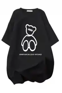 Kadın Tişört Penye Compack Baskılı Oversize Bisiklet Yaka T-shirt - Siyah