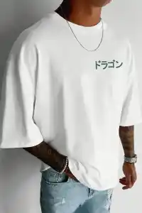 Erkek Tişört Penye Compack Ejder Baskılı Bisiklet Yaka T-shirt - Beyaz