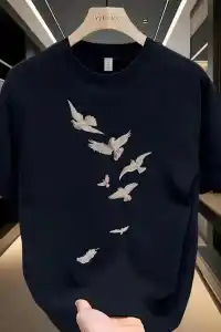 Erkek Özgür Kuşlar Baskılı Tişört Yazlık Bisiklet Yaka Kısa Kol T-Shirt - Beyaz