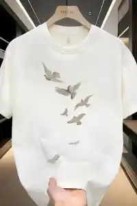 ERKEK Bisiklet yaka Tişört Özgür kuşlar Baskılı kısa kol T-shirt - Beyaz