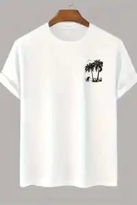 Erkek Kısa Kol Yazlık Tişört Bisiklet Yaka Palmiye Baskılı T-Shirt - Beyaz